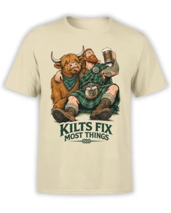 Beige T-shirt featuring a highland cow, bearded kilted man, beer mug, tartan details, and “Kilts Fix Most Things” text