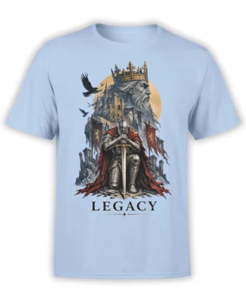 Light blue medieval T-shirt with a crowned king, armored knight, castle, ravens, and LEGACY artwork