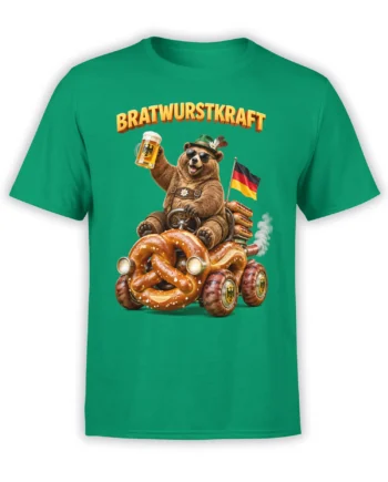Green German food T-shirt with a beer-holding bear, giant pretzel vehicle, sausages, and BRATWURSTKRAFT text