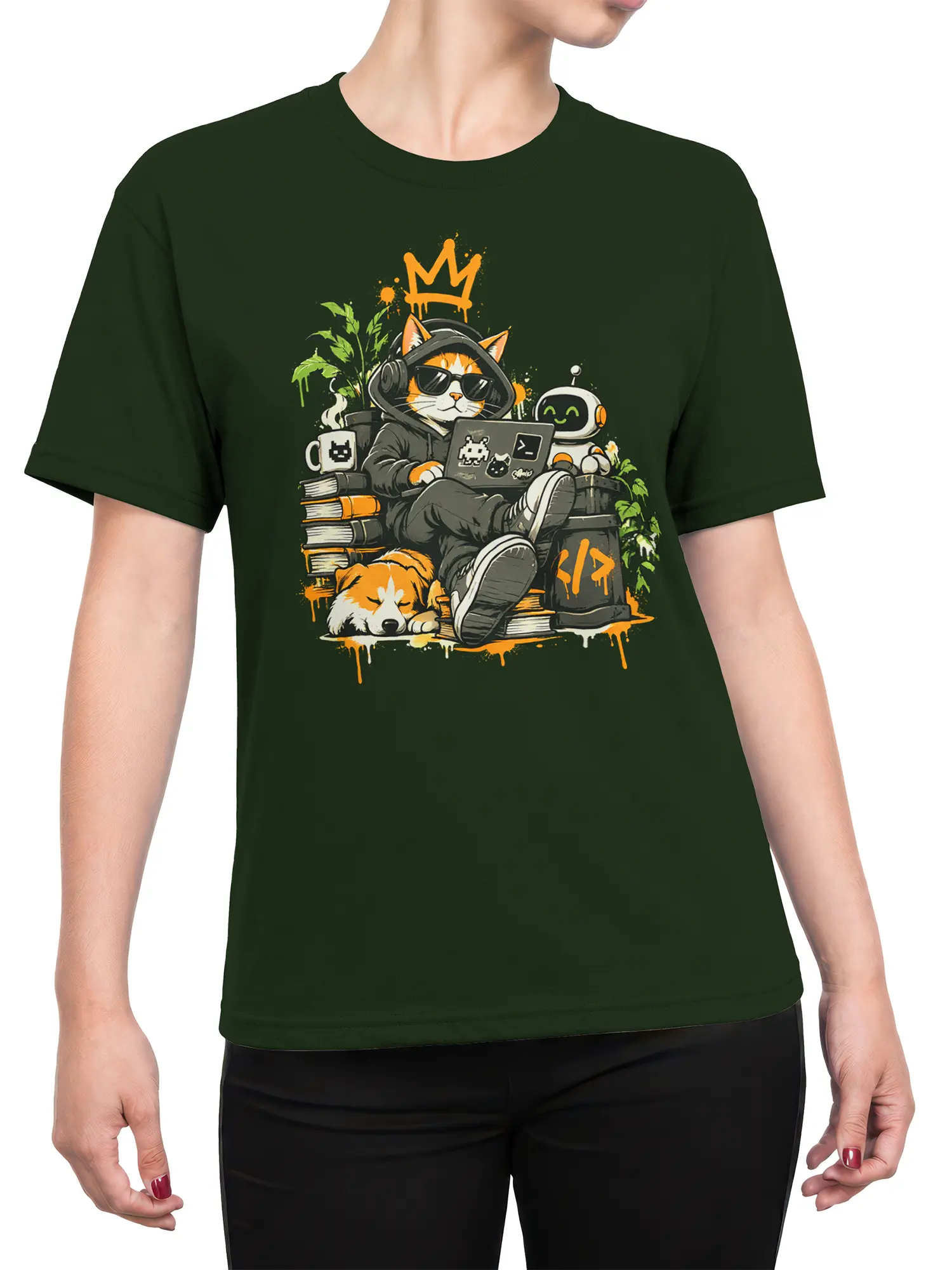 Female torso wearing dark green crowned cat programmer T-shirt with robot, dog, books, and laptop artwork