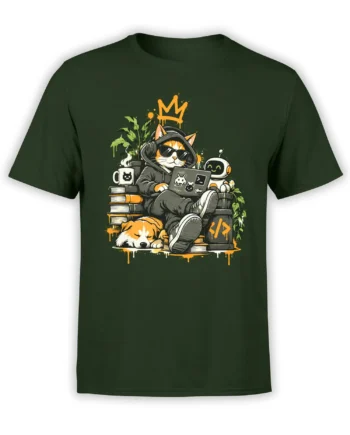 Dark green T-shirt with crowned cat programmer, robot, sleeping dog, books, and laptop graphic