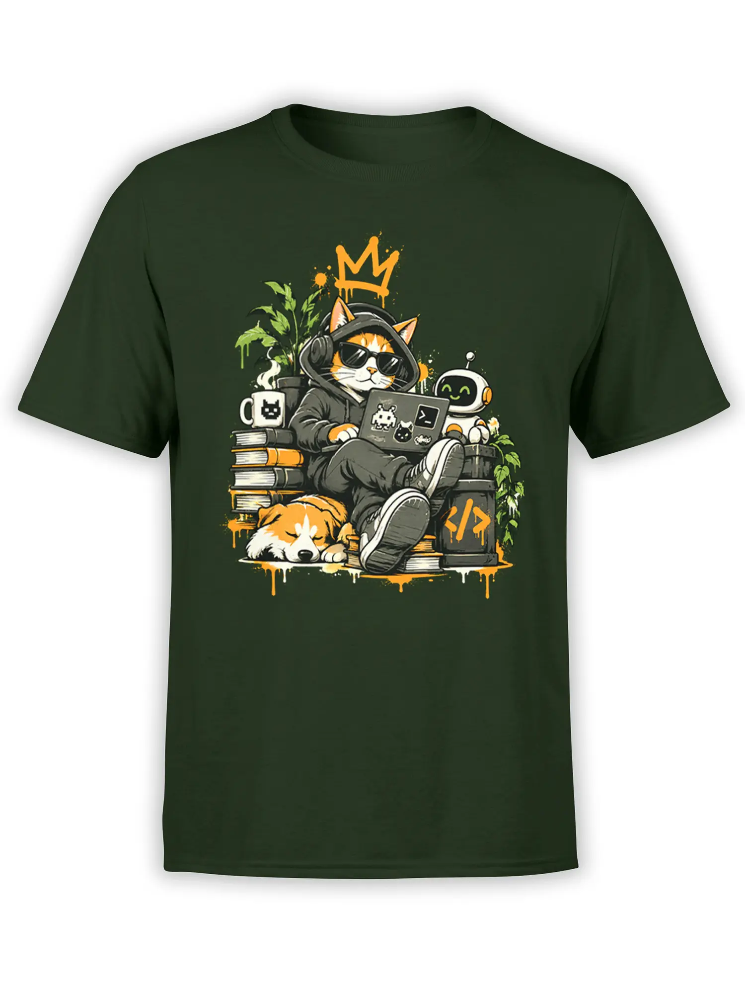 Dark green T-shirt with crowned cat programmer, robot, sleeping dog, books, and laptop graphic