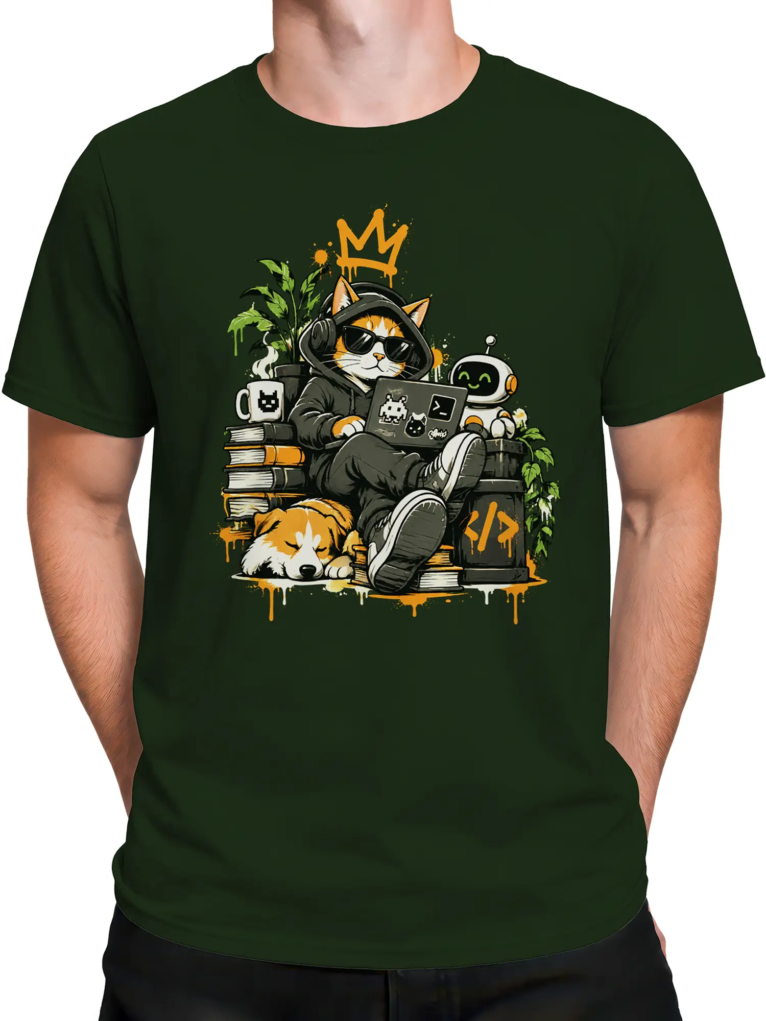 Male torso wearing dark green cat programmer T-shirt with crowned cat, robot, sleeping dog, and laptop