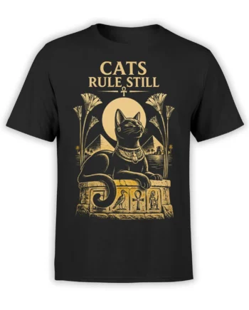 Black T-shirt with golden Egyptian cat artwork, pyramids, an ankh, and “CATS RULE STILL” text
