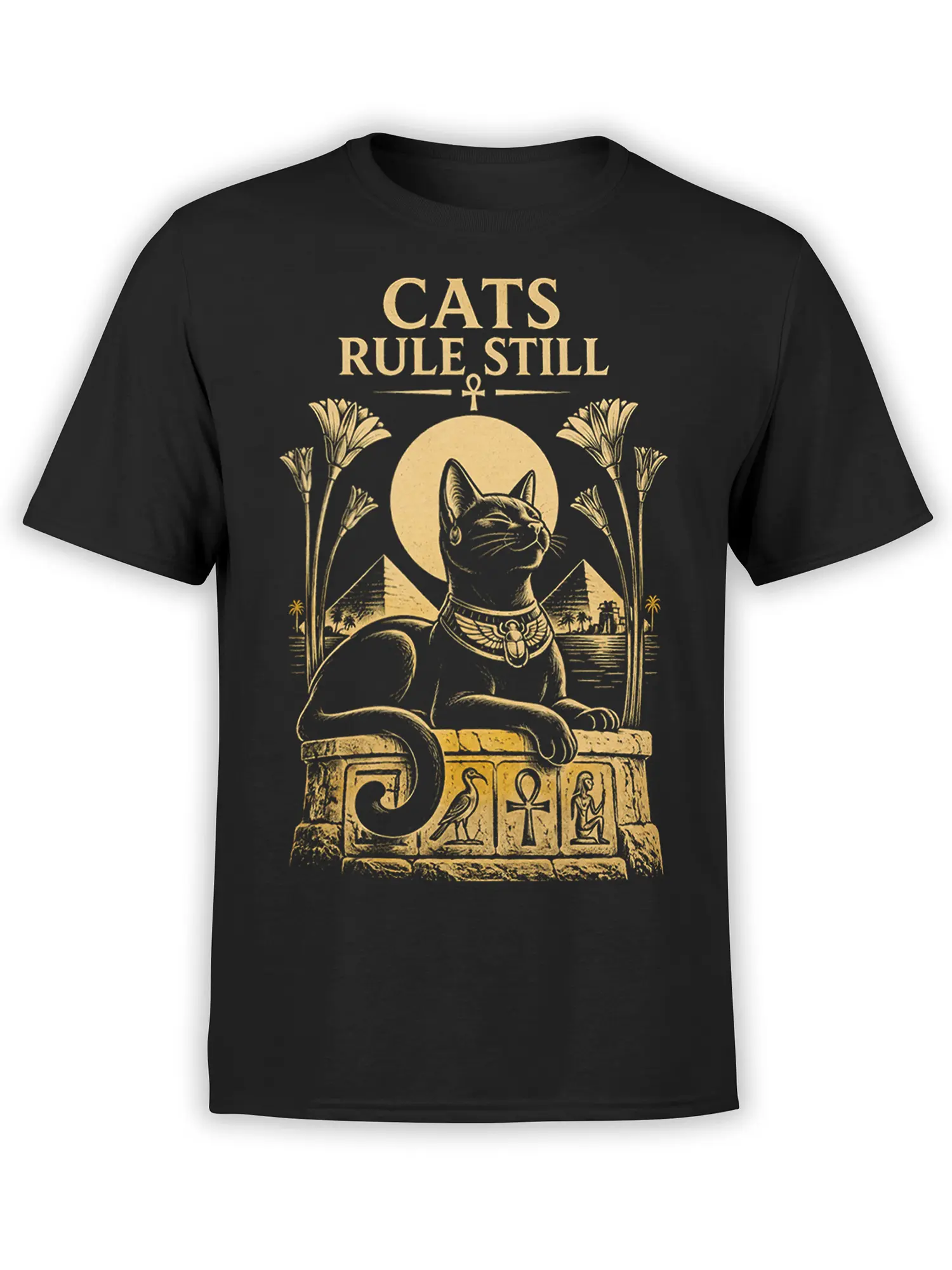 Black T-shirt with golden Egyptian cat artwork, pyramids, an ankh, and “CATS RULE STILL” text