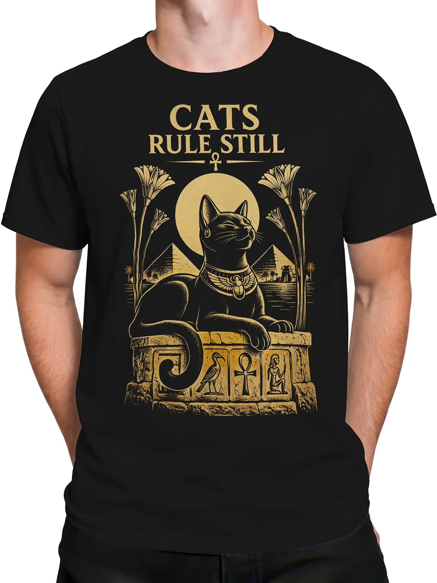 Male torso wearing a black T-shirt with vintage golden Egyptian cat artwork and pyramid details