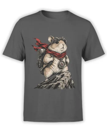 Gray T-shirt with an adventurous rodent wearing goggles, a red scarf, backpack, and compass on a mountain
