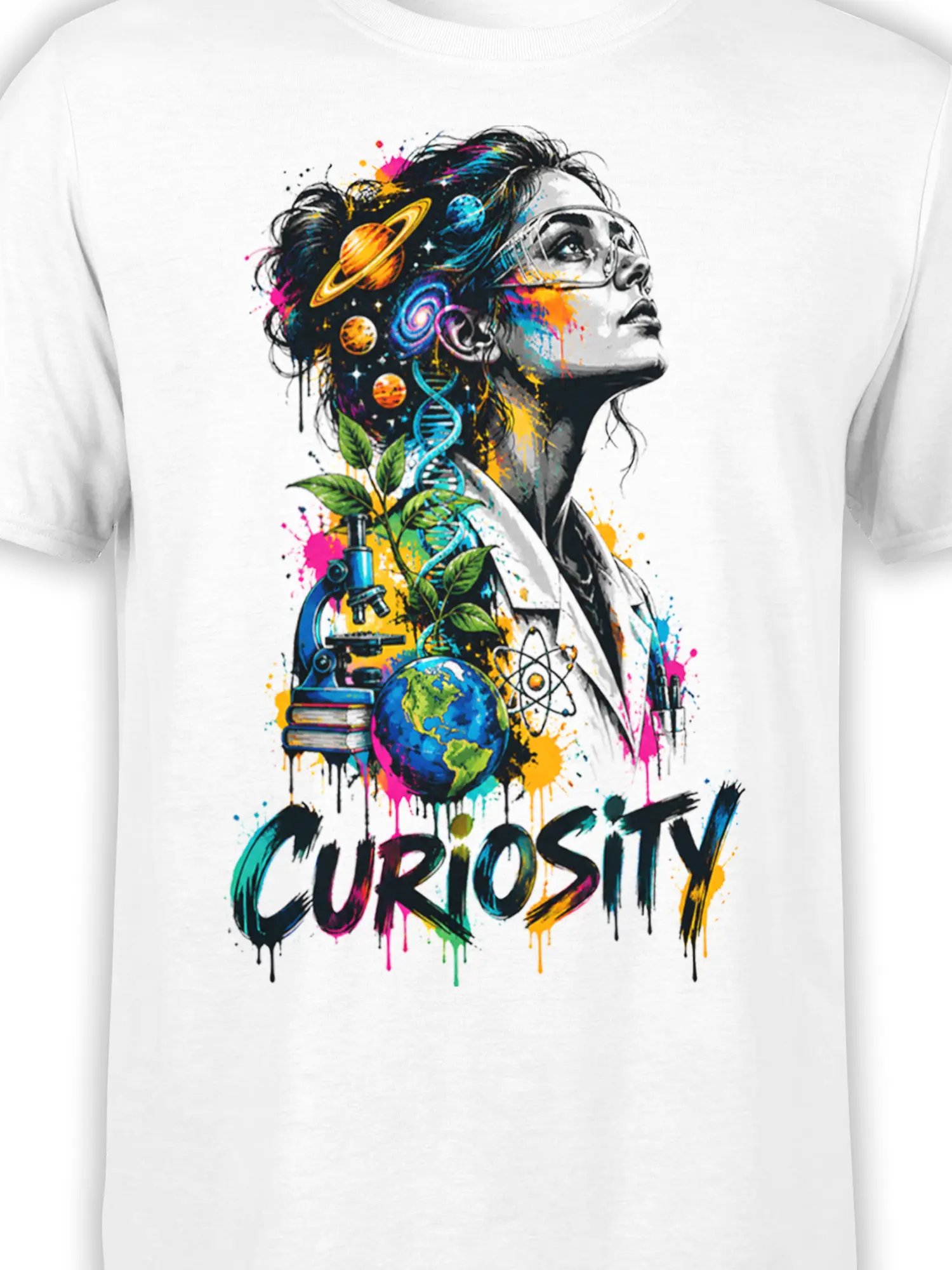 Close-up of colorful scientist artwork with a microscope, planets, DNA, and CURIOSITY text on white fabric