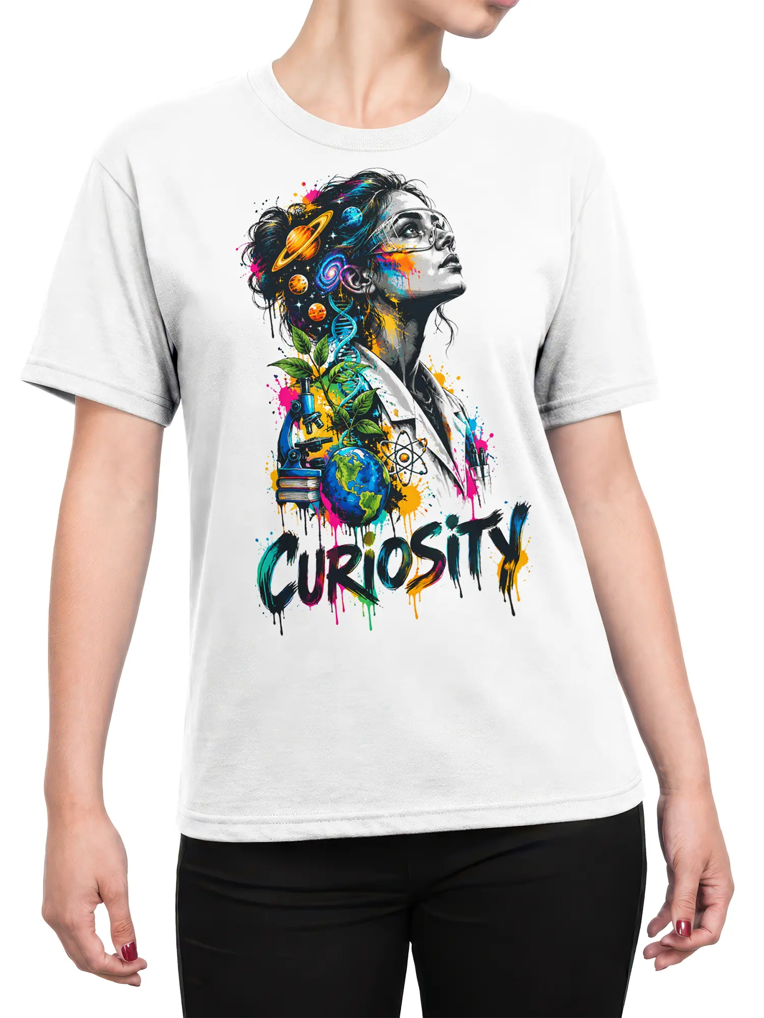 Female torso wearing a white scientist T-shirt with colorful planets, microscope, DNA, and CURIOSITY artwork