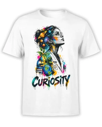 Colorful scientist graphic with planets, DNA, microscope, and CURIOSITY lettering on a white T-shirt