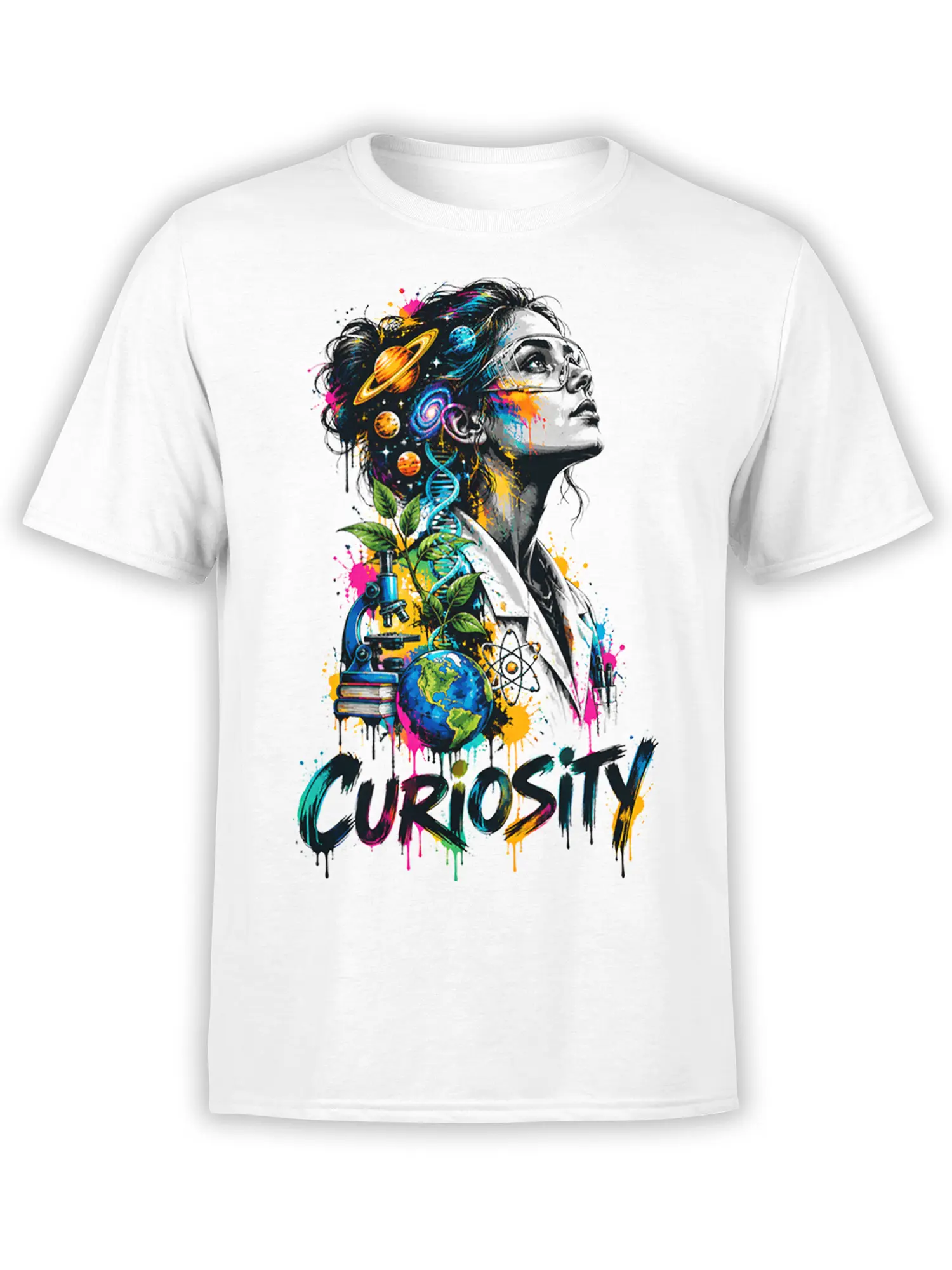 Colorful scientist graphic with planets, DNA, microscope, and CURIOSITY lettering on a white T-shirt