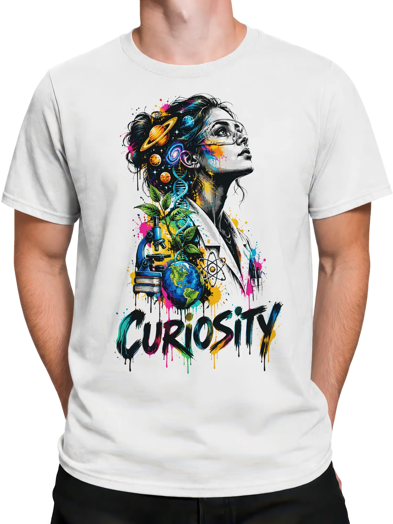 Male torso wearing a white scientist graphic T-shirt with colorful space and laboratory artwork