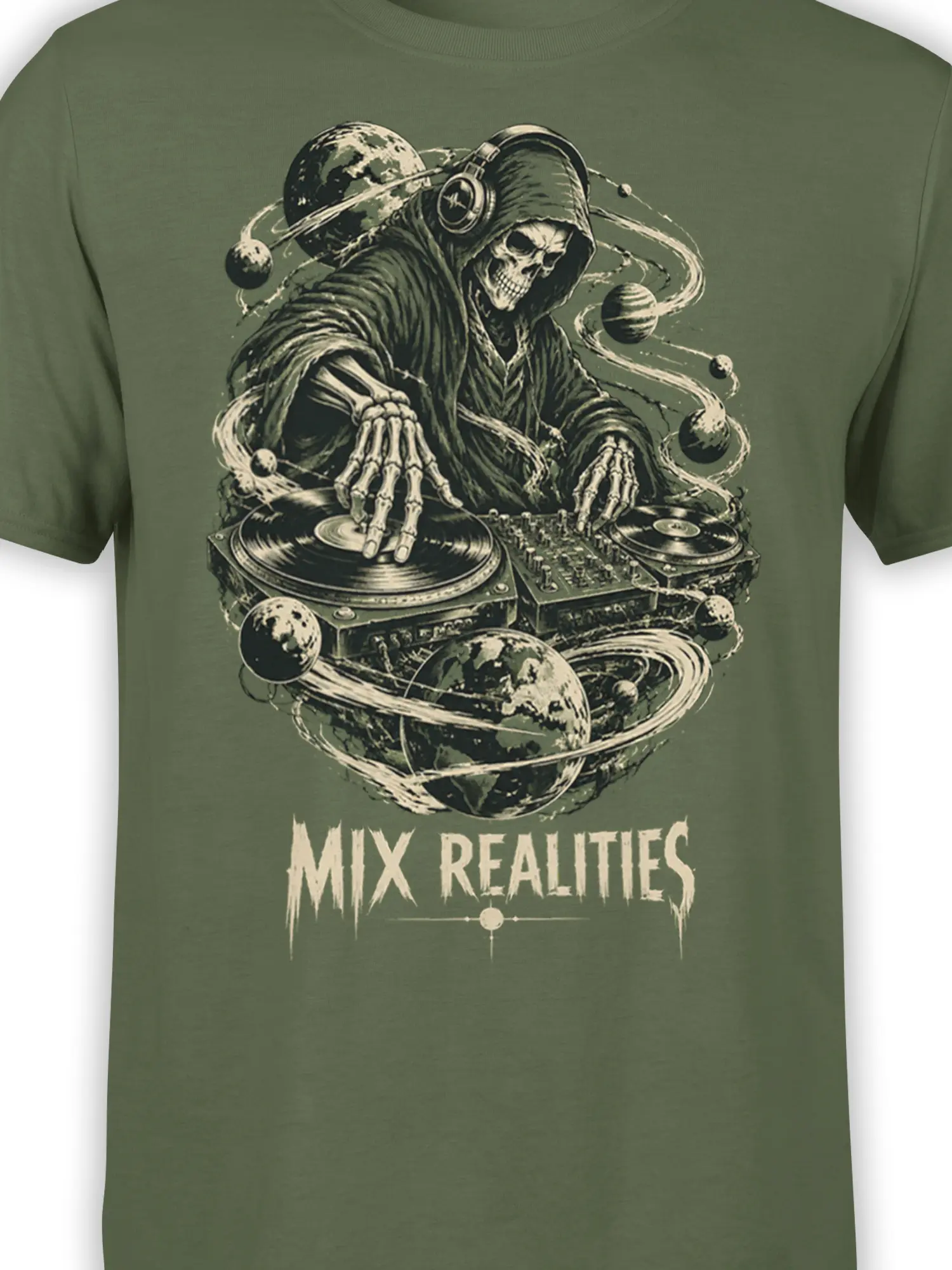 Close-up of the reaper DJ, headphones, turntables, and orbiting planets on an olive green shirt