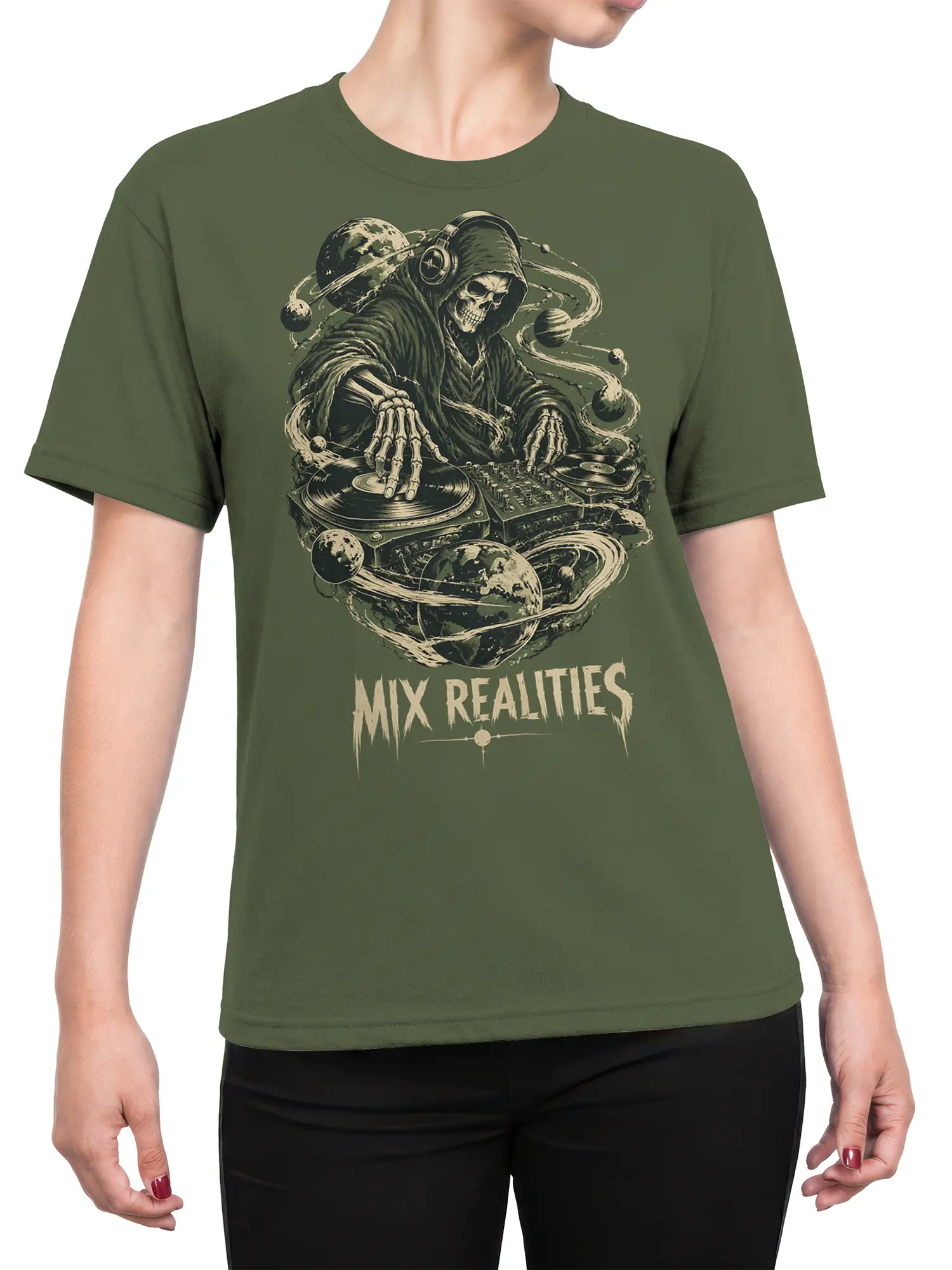 Female torso wearing an olive green cosmic reaper DJ shirt with planets, turntables, and Mix Realities artwork