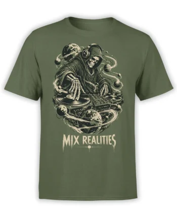 Hooded reaper DJ with turntables and planets on an olive green Mix Realities graphic T-shirt