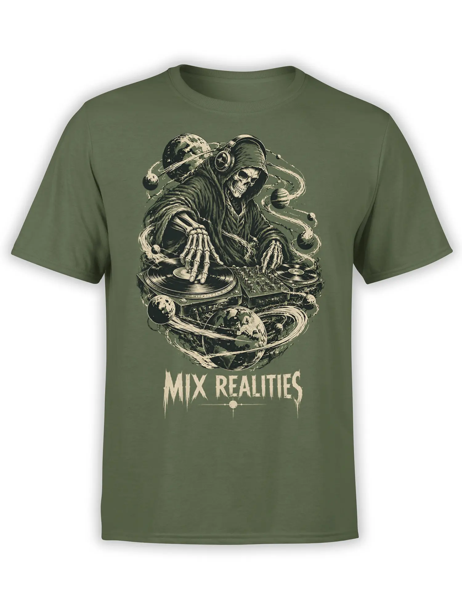 Hooded reaper DJ with turntables and planets on an olive green Mix Realities graphic T-shirt