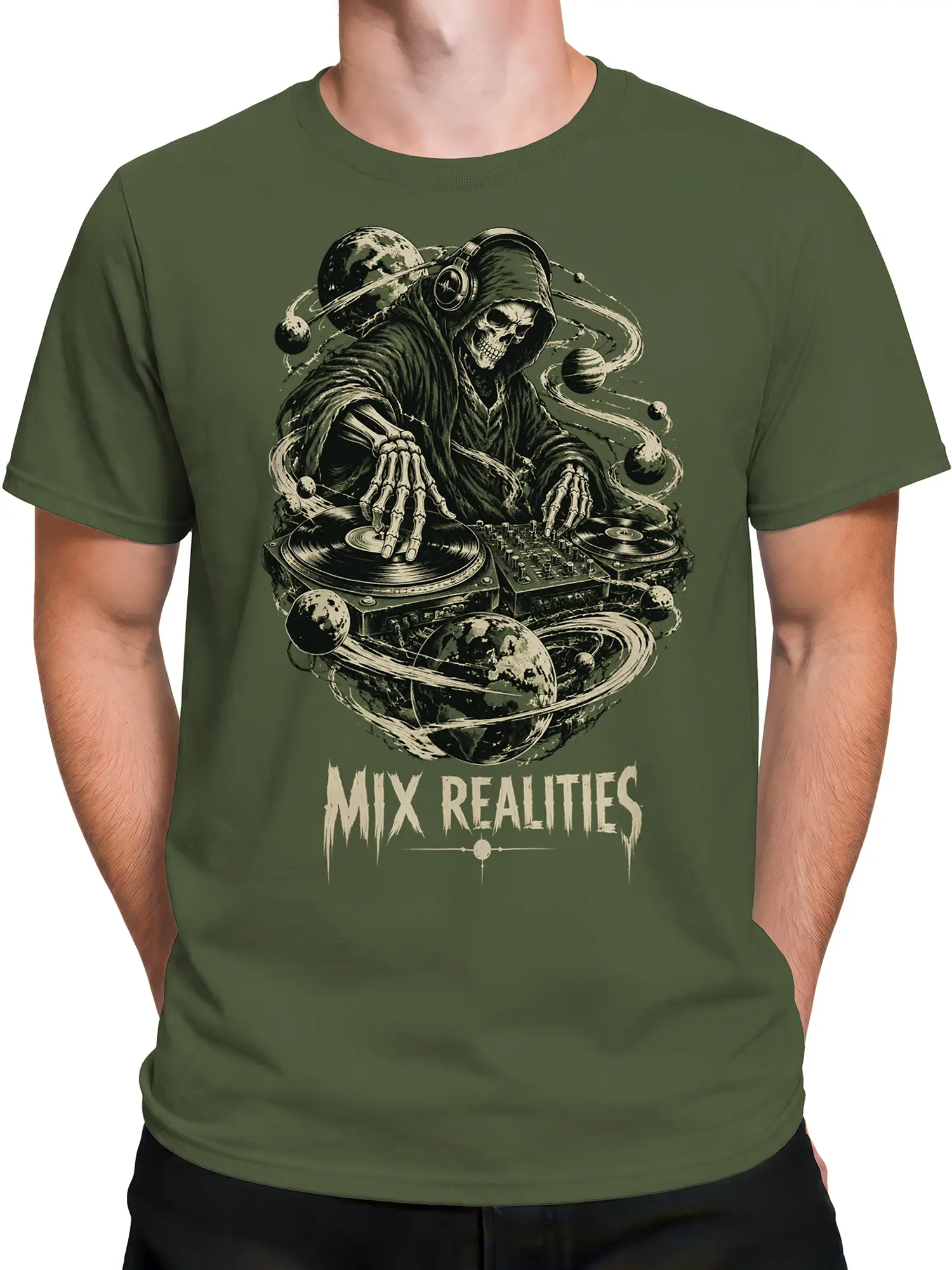 Male torso wearing an olive green reaper DJ shirt with cosmic planets and Mix Realities artwork