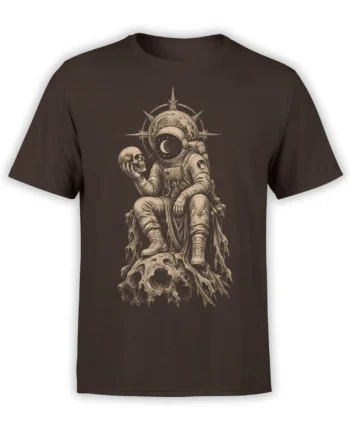 Vintage astronaut holding a skull beneath moons and stars on a brown cosmic graphic T-shirt