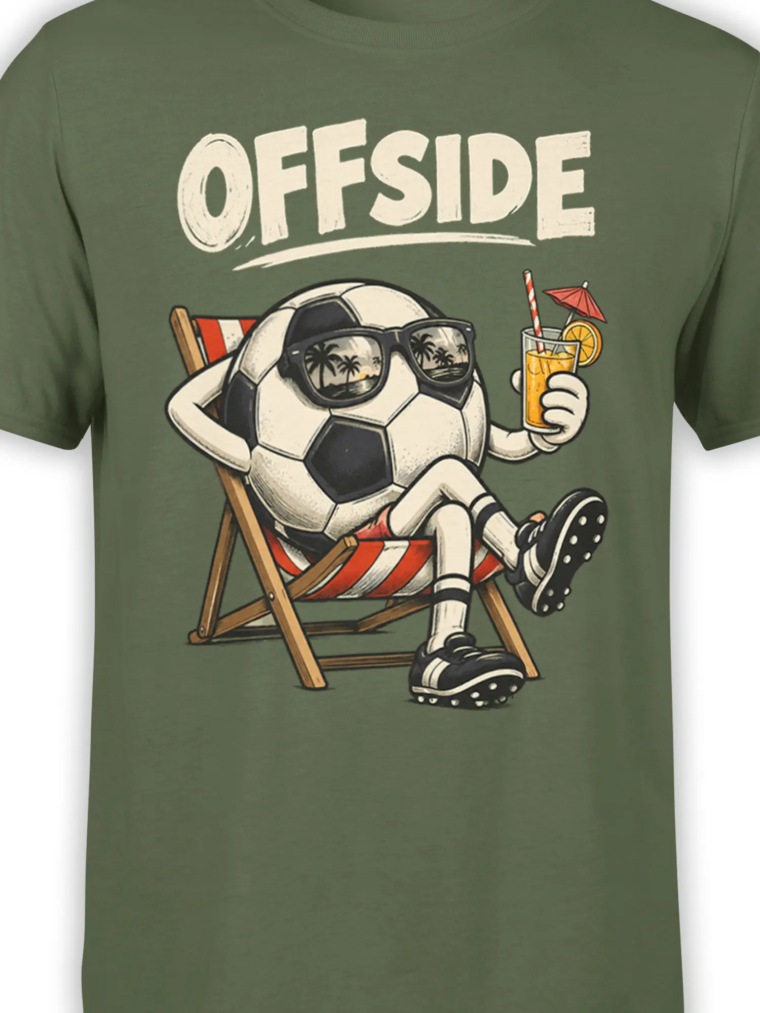 Close-up of olive soccer T-shirt design showing a beach chair, sunglasses, tropical drink, palm trees, and OFFSIDE text