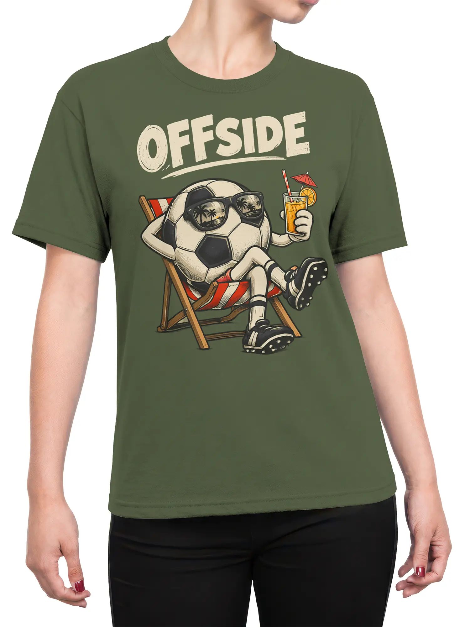 Female torso wearing an olive soccer T-shirt with a relaxed soccer ball, tropical drink, beach chair, and OFFSIDE design