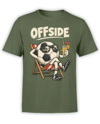 Olive soccer T-shirt with a relaxed ball in sunglasses, tropical drink, beach chair, and bold OFFSIDE text