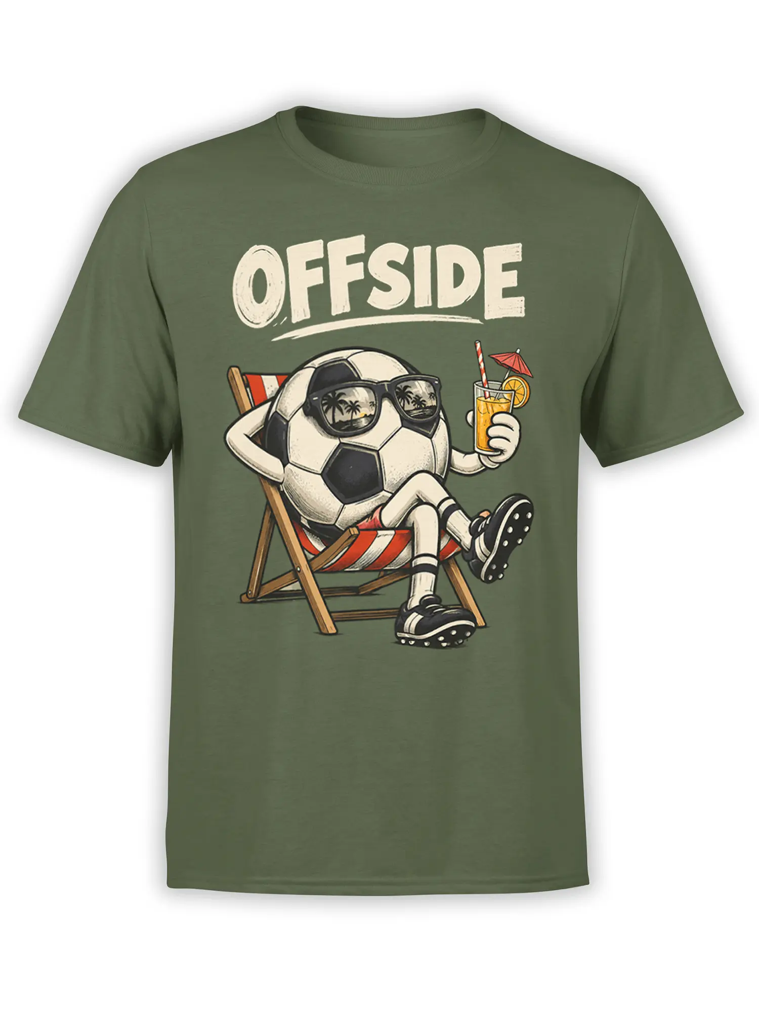 Olive soccer T-shirt with a relaxed ball in sunglasses, tropical drink, beach chair, and bold OFFSIDE text