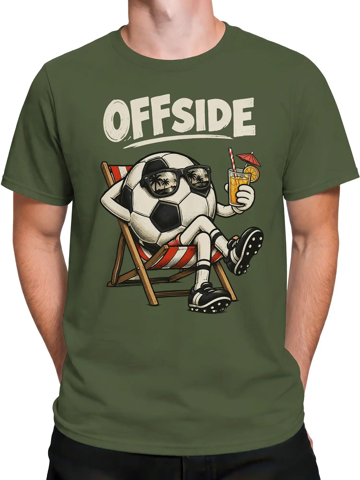 Male torso wearing an olive soccer T-shirt with a sunglasses-wearing ball and tropical vacation artwork