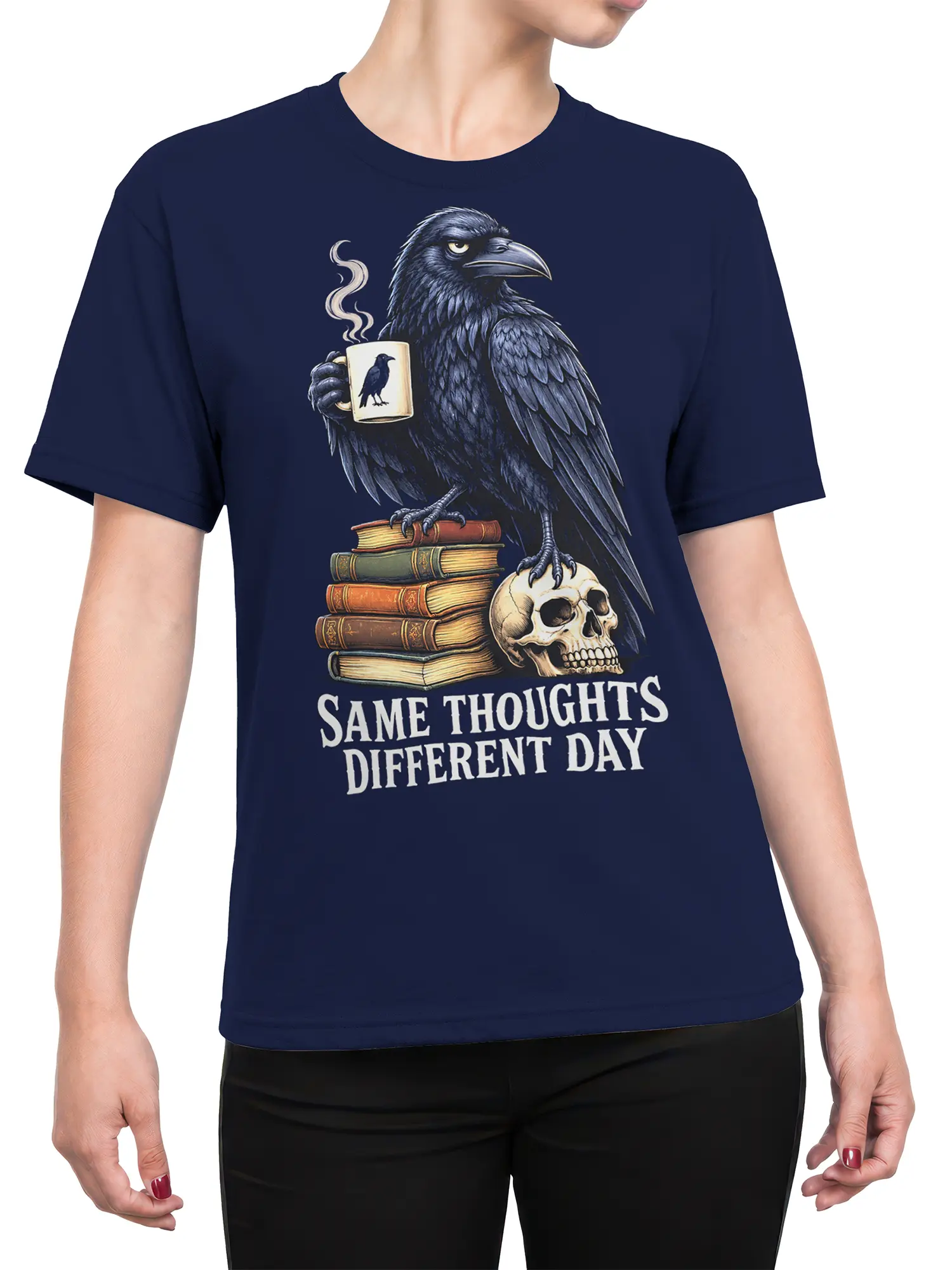 Female torso wearing a navy raven reading T-shirt with books, coffee, skull, and dry quote artwork