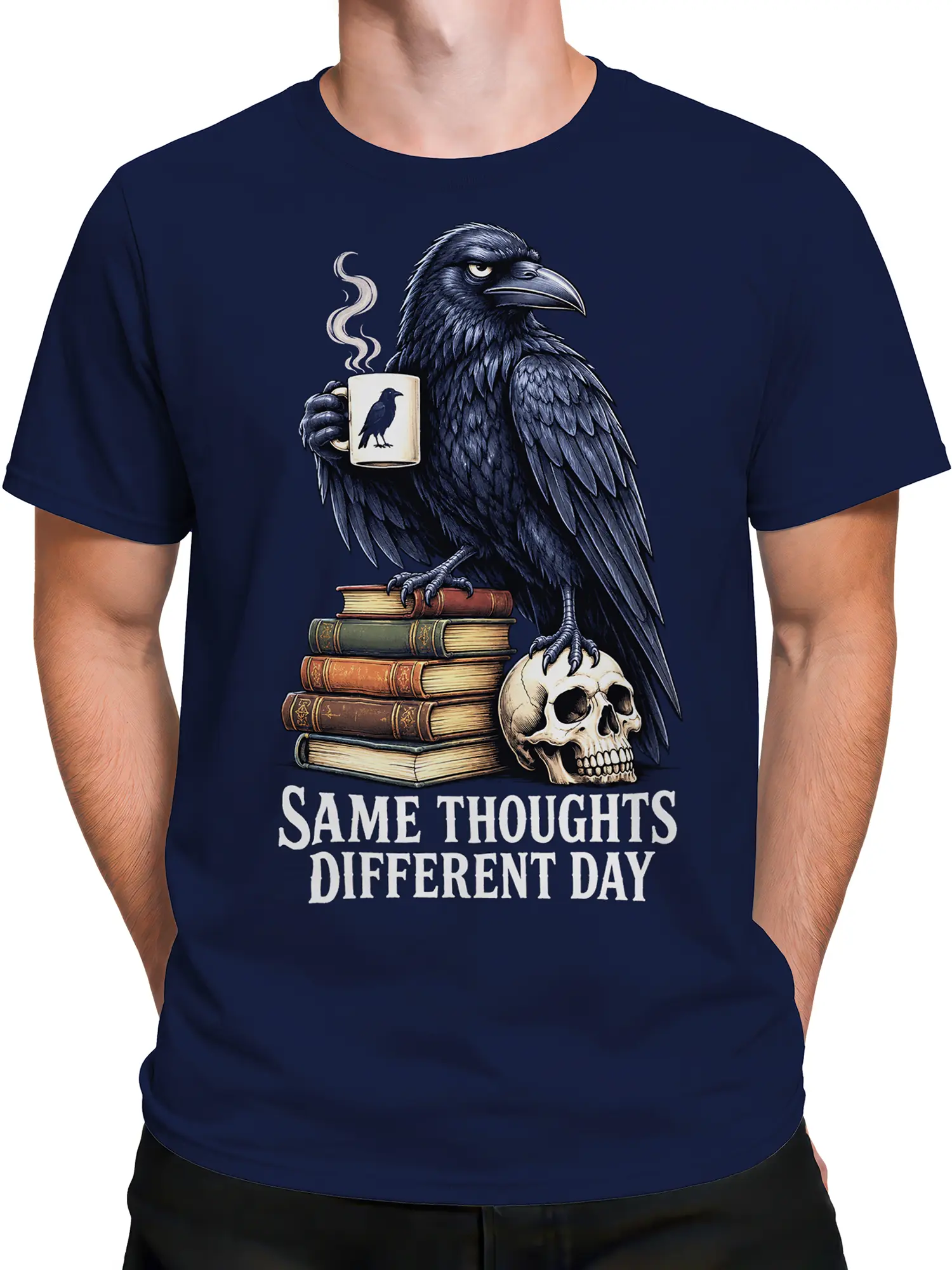 Male torso wearing a navy raven graphic T-shirt with vintage books, coffee, skull, and quote