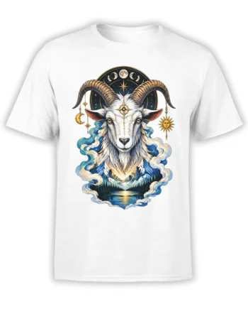 White T-shirt with a mystical horned goat, moon phases, stars, mountains, and a glowing lake
