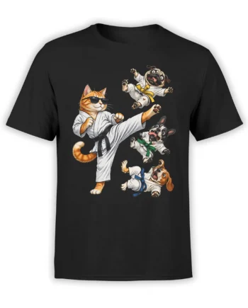 Black T-shirt with an orange cat in a martial arts uniform kicking beside four airborne dogs in colorful belts