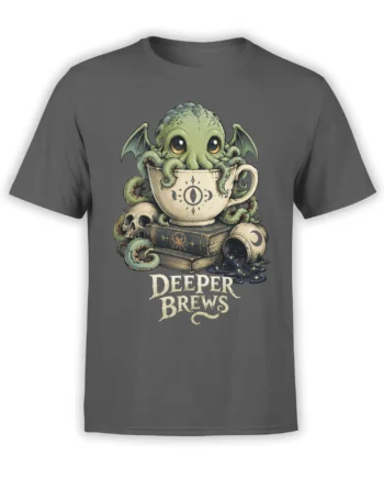 Gray T-shirt with a green tentacled creature, mystical cup, books, skull, and “Deeper Brews” design