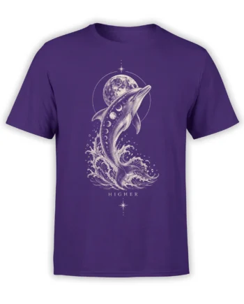 Purple T-shirt with a vintage dolphin leaping through waves beneath a moon, moon phases, stars, and HIGHER lettering