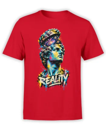 Red space T-shirt with a colorful classical bust, galaxy helmet, planets, paint splatter, and REALITY text