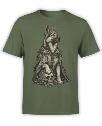 Gothic crowned German shepherd-style dog with skull artwork on a green graphic T-shirt