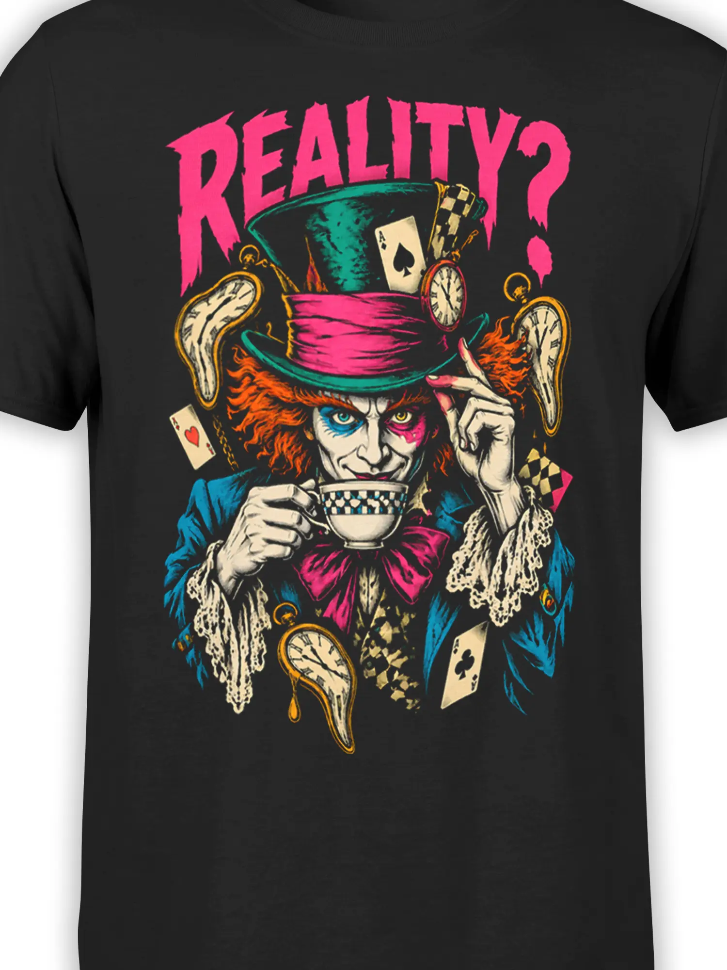 Close-up of surreal hatter artwork with melting clocks, playing cards, tea cup, and colorful details on black fabric