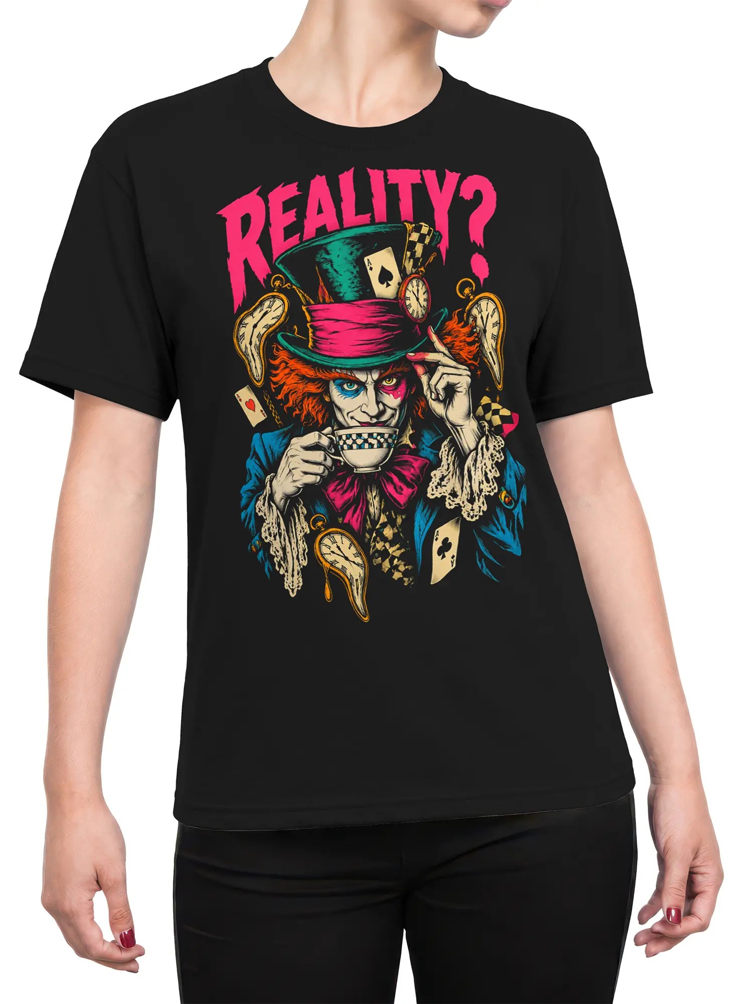 Female torso wearing a black T-shirt with surreal hatter artwork, melting clocks, playing cards, tea cup, and pink text