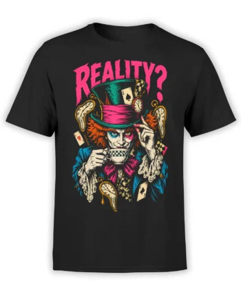 Black T-shirt with surreal top-hatted character, melting clocks, playing cards, tea cup, and pink REALITY? text