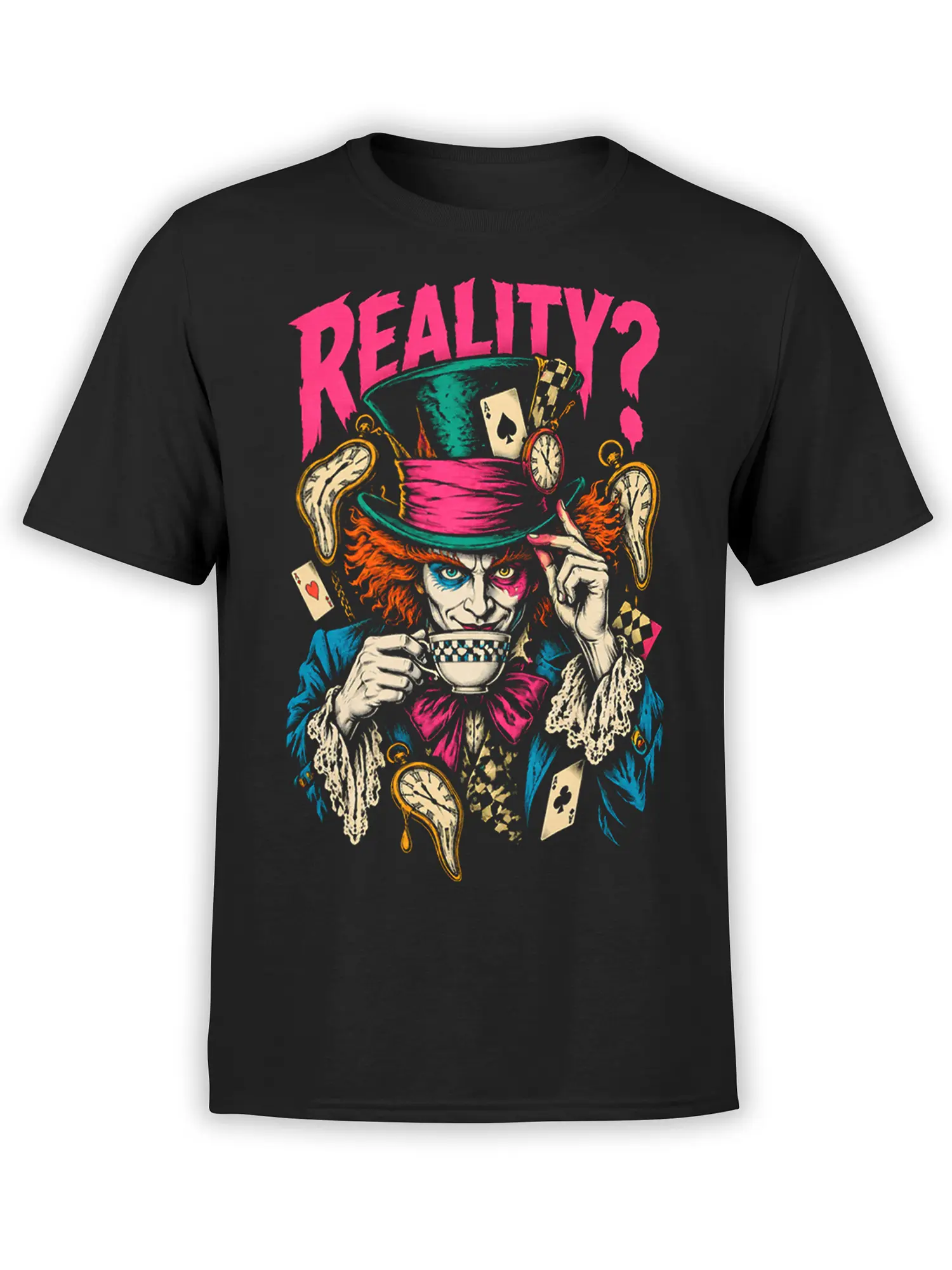Black T-shirt with surreal top-hatted character, melting clocks, playing cards, tea cup, and pink REALITY? text