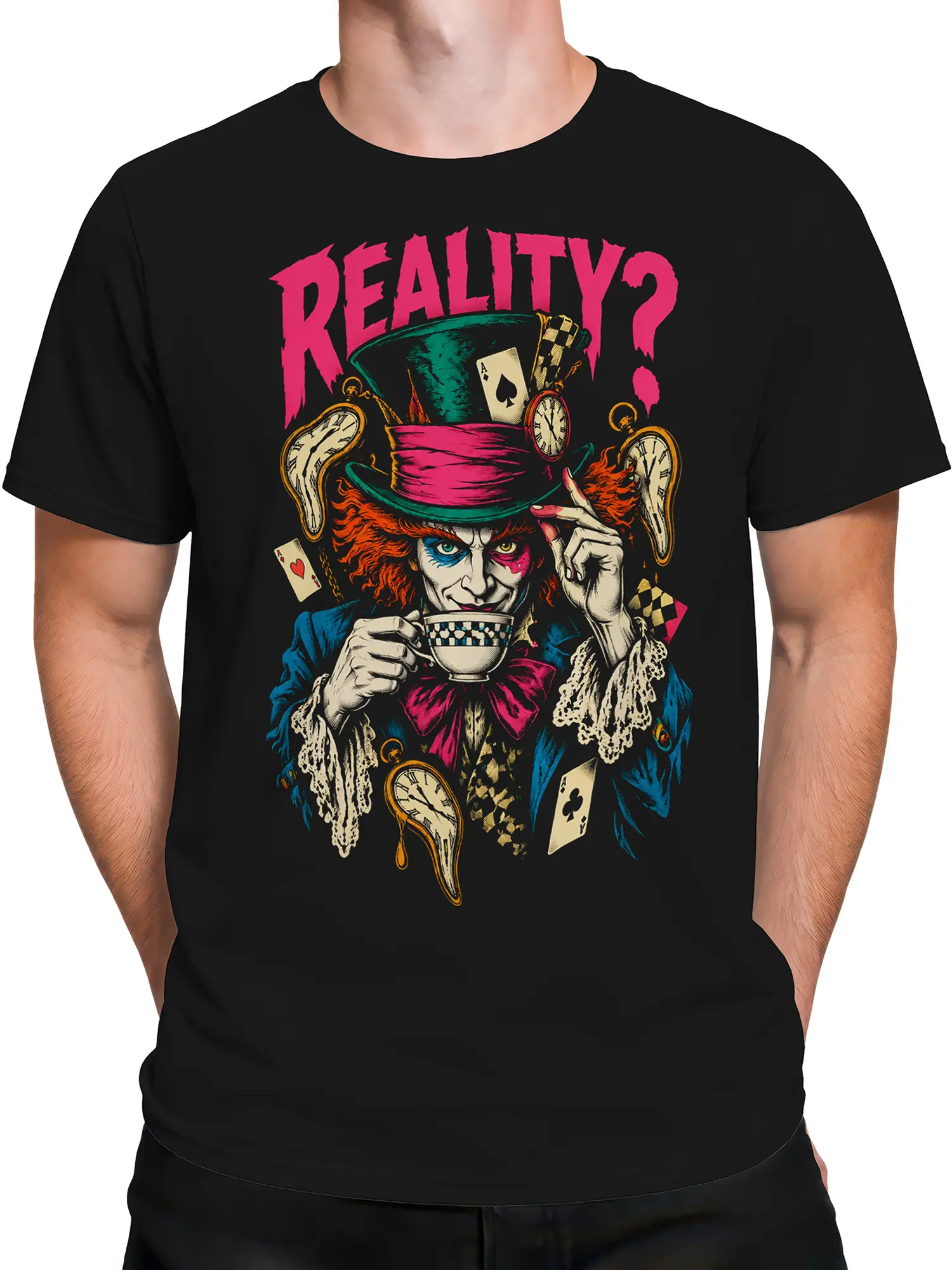 Male torso wearing a black T-shirt with colorful surreal hatter, clocks, playing cards, tea cup, and pink lettering