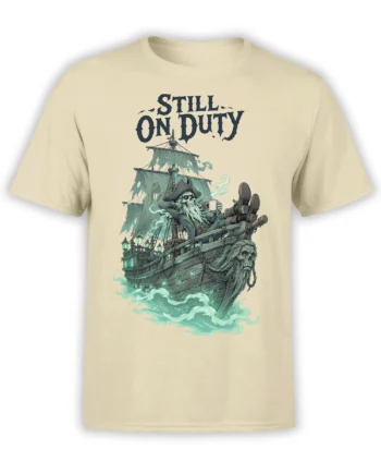 Beige pirate T-shirt with skeleton captain, haunted ship artwork, sea waves, and “Still on Duty” text