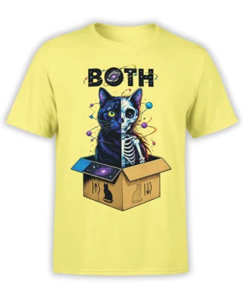 Cosmic black cat and skeleton cat rising from a box on a yellow graphic T-shirt