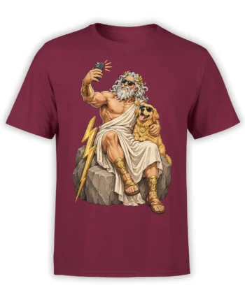 Front view of burgundy mythology T-shirt with a thunder figure taking a selfie beside a golden dog