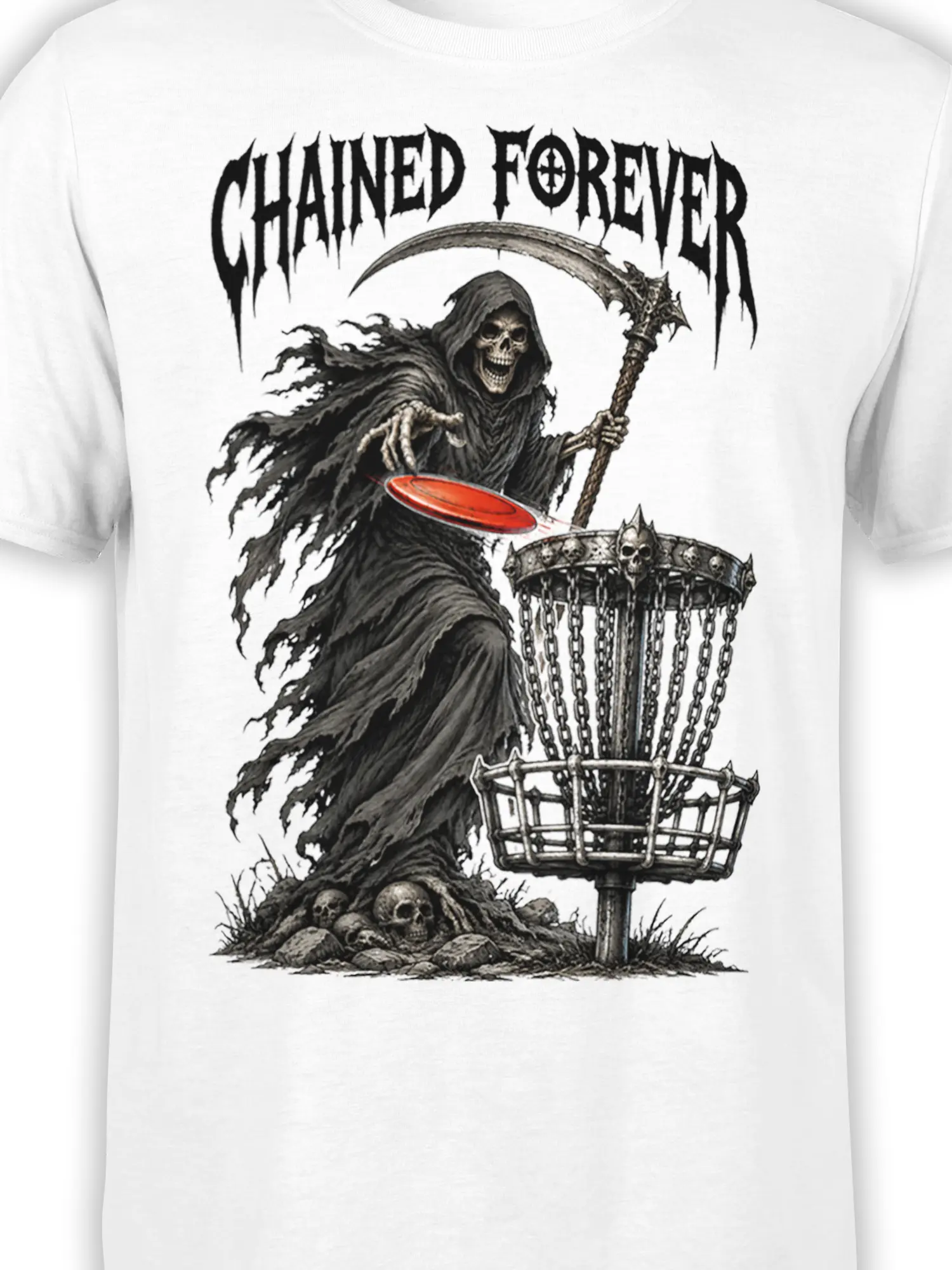 Close-up of grim reaper disc golf artwork with scythe, chains, skulls, and red disc on white fabric