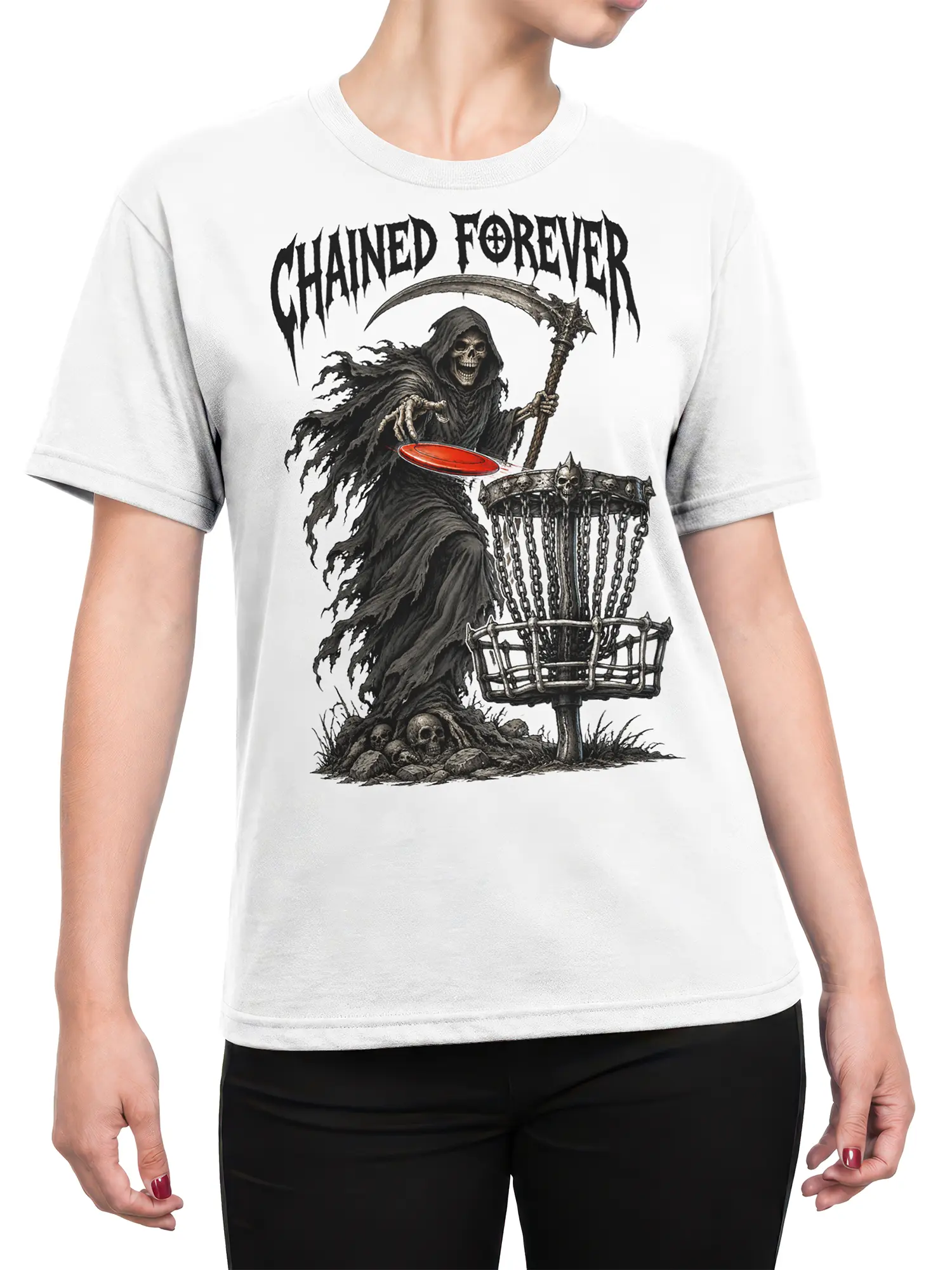Female torso wearing a white grim reaper disc golf T-shirt with gothic lettering and chained basket artwork