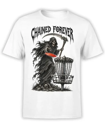 White disc golf T-shirt with a grim reaper, scythe, chained basket, red disc, and gothic lettering