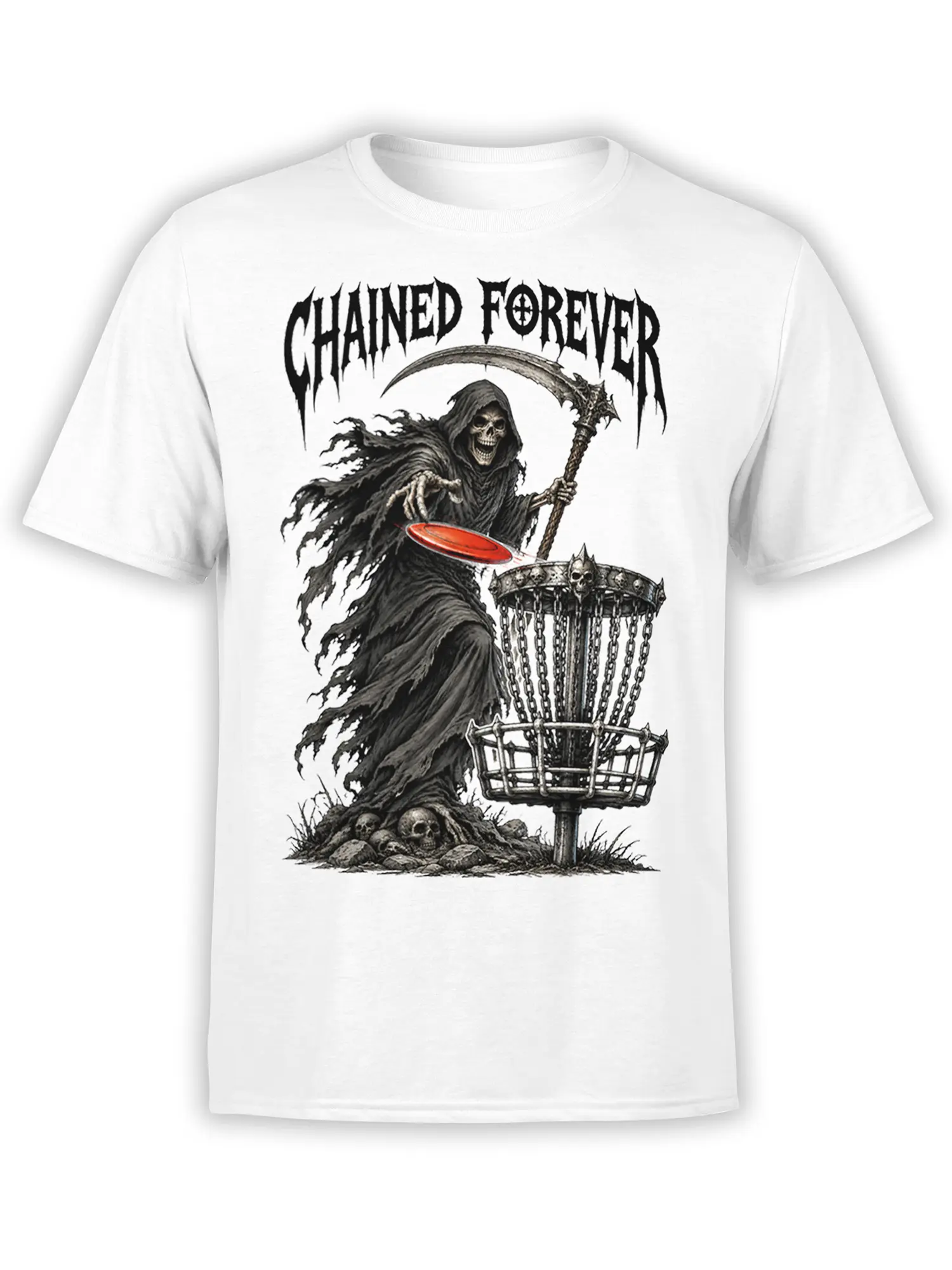 White disc golf T-shirt with a grim reaper, scythe, chained basket, red disc, and gothic lettering