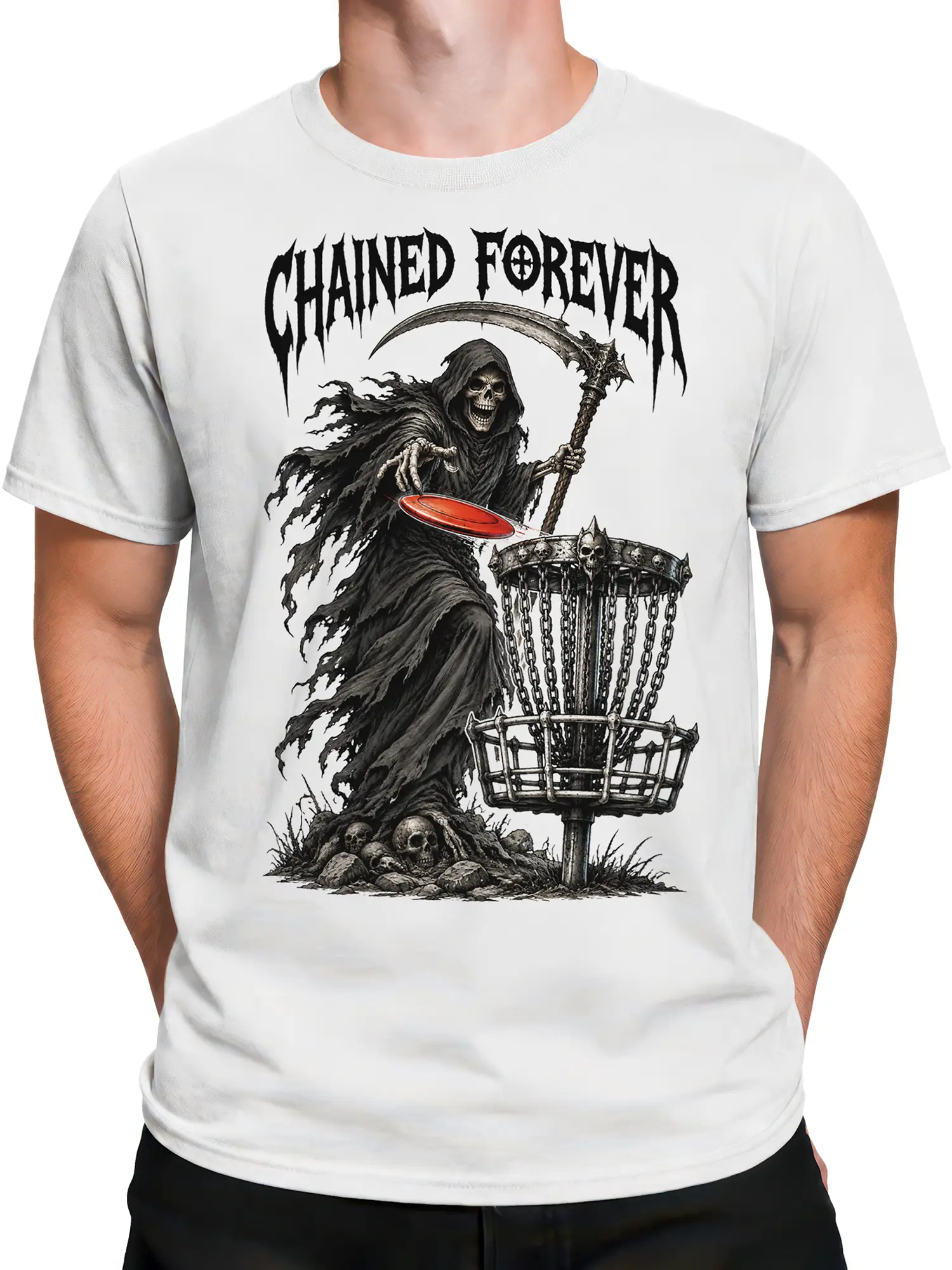 Male torso wearing a white grim reaper disc golf T-shirt with scythe and chained basket graphic