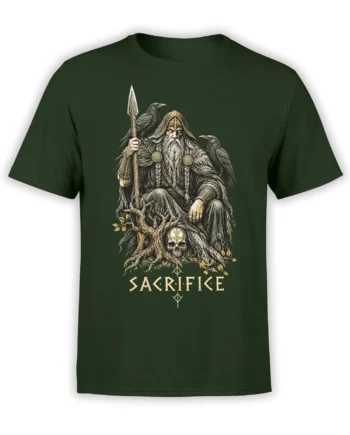 Dark green T-shirt with hooded druid guardian, ravens, skull, twisted tree, runic symbols, and SACRIFICE text