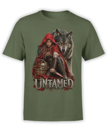 Olive green T-shirt with a red-cloaked female warrior, gray wolf, sword, roses, skull, and UNTAMED lettering